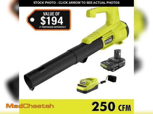 Lot 74-14223449 - RYOBI ONE+ 18V 90 MPH 250 CFM Cordless Battery Leaf Blower/Sweeper with 2.0 Ah Battery and Charger -...
