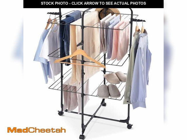 Lot 74-14259683 - Kingrack Clothes Drying Rack, 3-Tier Folding Indoor Laundry Drying Rack with Wheels 4 Hooks, Metal, ...