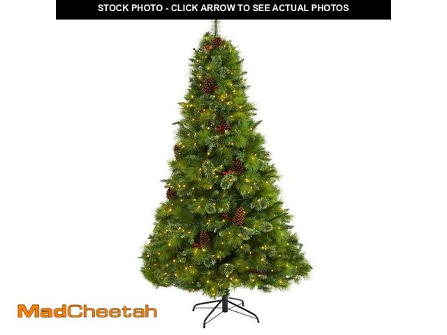 Lot 74-12851134 - Nearly Natural 7 ft. Pre-Lit Montana Mixed Pine Artificial Christmas Tree with Pine Cones, Berries a...