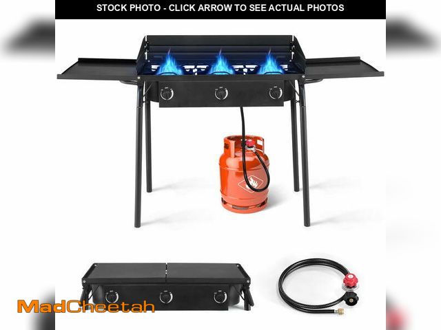 Lot 74-14603614 - Ktaxon 3 Burner Cooker w/ Side Shelves,Removable Legs,Wind Panels,Regulator Outdoor Camping Picnic S...