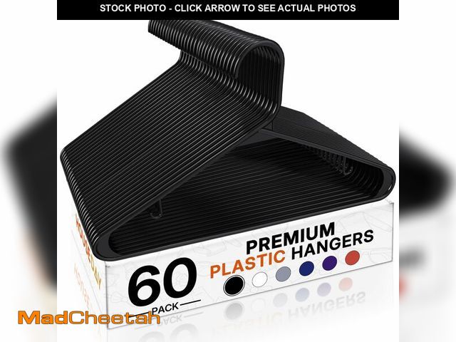 Lot 74-14298058 - HOUSE DAY Black Plastic Hangers 60 Pack, Clothes Hangers with Non Slip Hooks, Durable &amp; Space Sa...