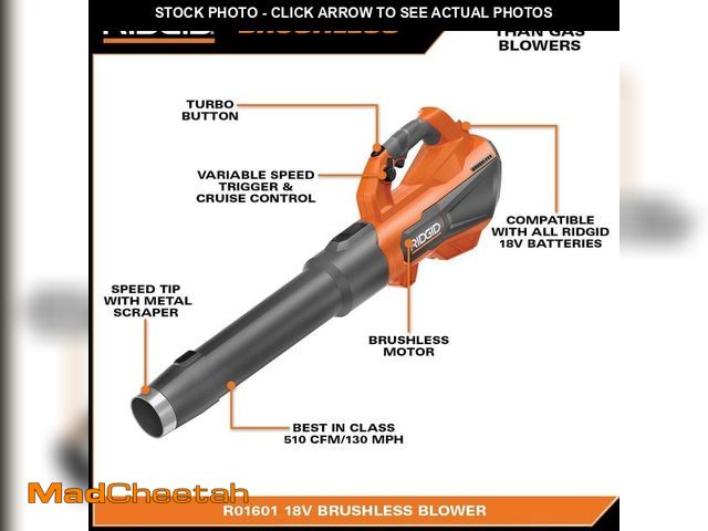 Lot 74-13000901 - RIDGID 18V Brushless 130 MPH 510 CFM Cordless Battery Leaf Blower with 6.0 Ah MAX Output Battery and...