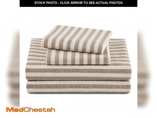 Lot 74-12535925 - Beautiful Striped 4-Piece 100% Cotton Washed Percale Natural Sheet Set, Queen by Drew Barrymore - UN...
