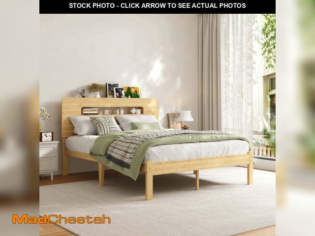 Lot 74-14436213 - Neslime 14 inch Full Size Bamboo Bed Frame with Storage Headboard, Heavy Duty Bed Frame with Mattres...