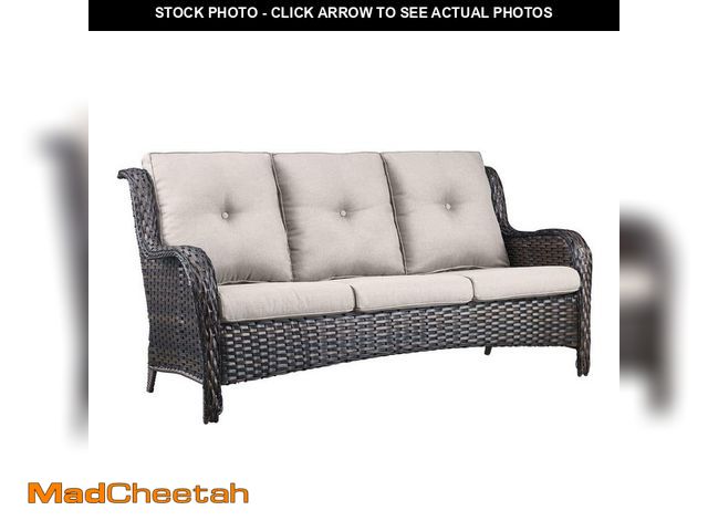 Lot 74-12770875 - Pocassy 3 Seat Wicker Outdoor Patio Sofa Couch with Deep Seating and Cushions, Suitable for Porch De...