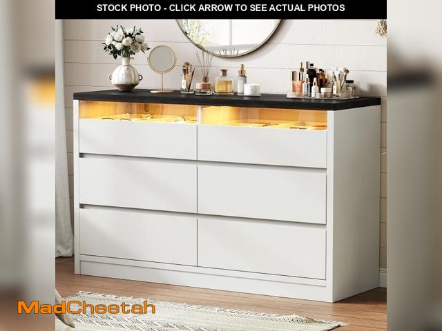 Lot 74-12233369 - Jocoevol Modern LED 6 Drawer Dresser for Bedroom, White Large Chest of Drawers with Hidden Handles, ...