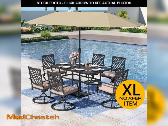 Lot 74-14115288 - 8-Piece Metal Outdoor Patio Dining Set with with Beige Cushions and Umbrella - UNUSED