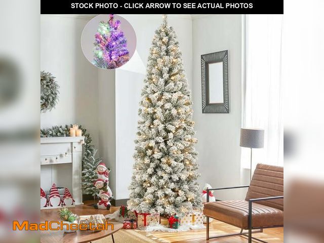 Lot 74-12764895 - Qunler 7ft Pre-Lit Snow Flocked Pencil Christmas Tree, Artificial Slim Xmas Tree with Warm White &am...