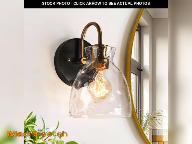 Lot 74-12861479 - Uolfin 1-Light Black and Gold Wall Sconce with Bell Ripple Glass Shade ( 2 pack) - UNUSED