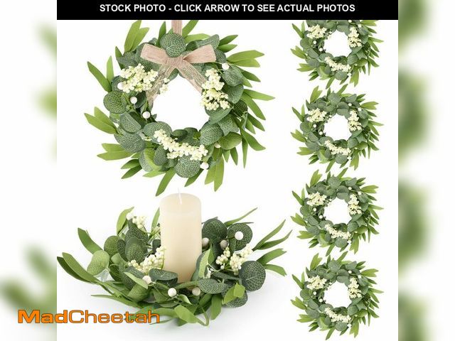 Lot 74-12599843 - 6 Pcs Green Artificial Eucalyptus Candle Rings Wreaths Mini Green Kitchen Cabinet Wreath Table Cente...