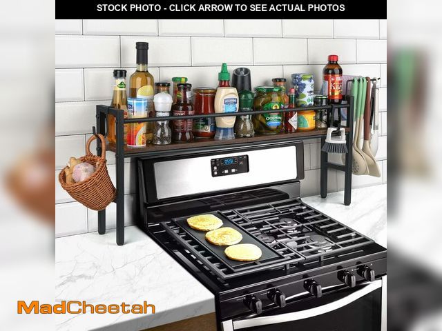 Lot 74-12703408 - Meangood Spice Rack Shelf for Kitchen Stove, Over the Stove Shelf with 4 Hooks Extra Storage Counter...