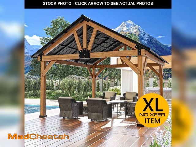 Lot 74-14342154 - JOYSIDE 15 ft. x 13 ft. Solid Cedar Wood Outdoor Patio Hardtop Gazebo with Black Galvanized Steel Ro...
