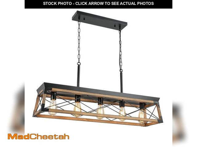 Lot 74-12930743 - Airposta Farmhouse Rustic Wood Chandelier, 5 Lights Metal Rectangle Dining Room Swag Lighting, Kitch...