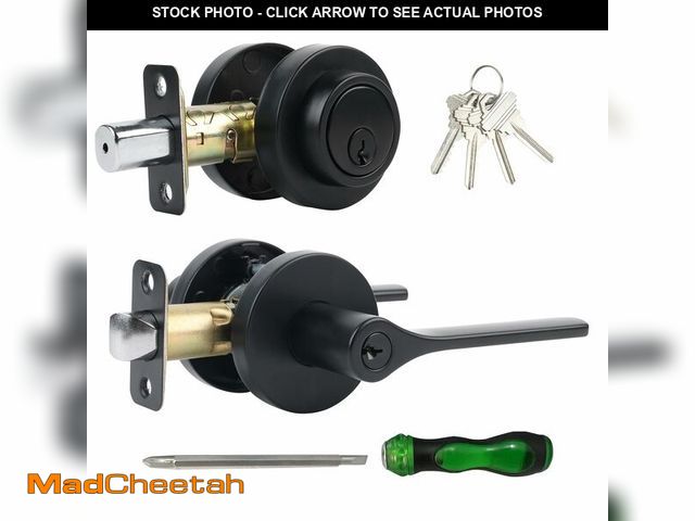 Lot 74-12711686 - Exterior Door Lock Set,Combo Lock-Heavy Duty Black Door Handle and Single Cylinder Deadbolt Lock,Fro...
