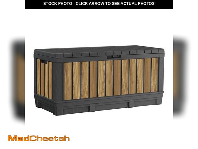 Lot 74-14605544 - Keter Oakridge 90 Gal. Weather Resisitant Plastic Resin Outdoor Storage Deck Box in Oak Wood Look Br...