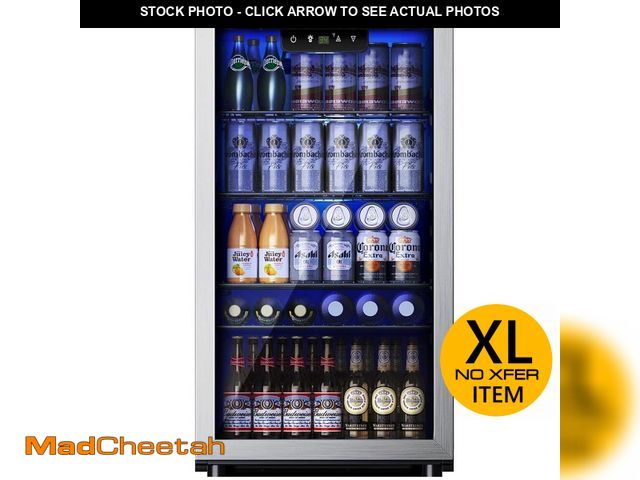 Lot 74-12920589 - SIMZLIFE 17.3 in.W Single Zone 130-Cans Freestanding Beverage Refrigerator Cooler in Silver, Reversi...