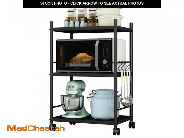 Lot 74-12155581 - Hipuna Kitchen Baker's Rack 3-Tier Metal Storage Shelves, Heavy Duty Microwave Stand with Wheels - U...