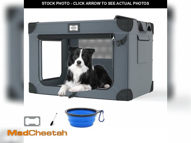 Lot 74-13583438 - QUIBBLICK 36 Inch Soft Dog Crates, Portable Travel Crate for Large Dogs, 3-Door Foldable Soft Kennel...