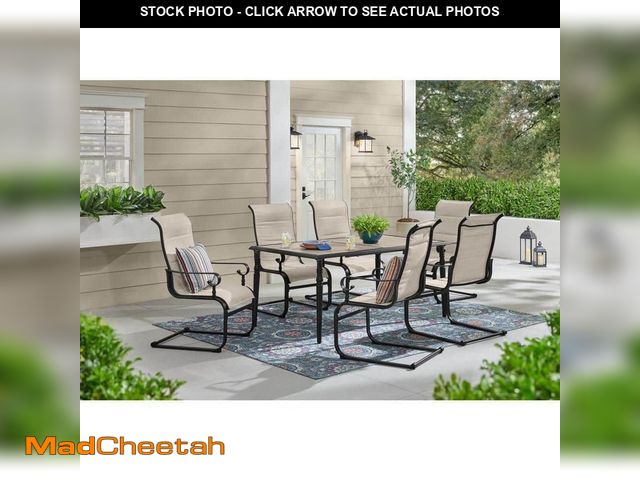 Lot 74-14559774 - Hampton Bay Glenridge Falls 7-Piece Metal Padded Sling Rectangular Outdoor Dining Set in Putty Beige...