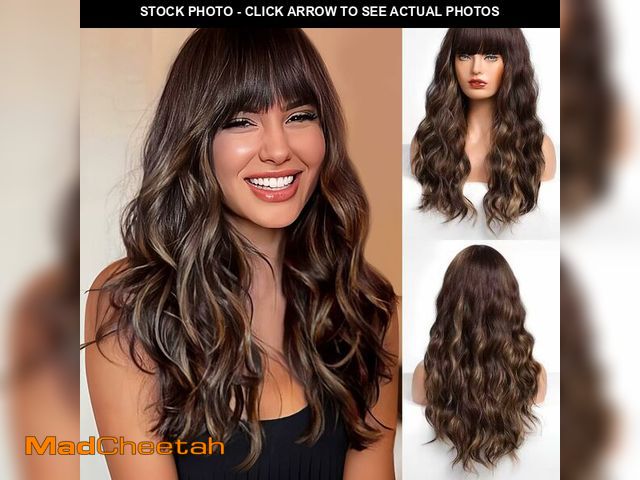 Lot 74-12501025 - HAIRCUBE Brown with Blonde Highlight Wig Long Curly Wig with BangsNatural Appearance Heat-Resistant ...