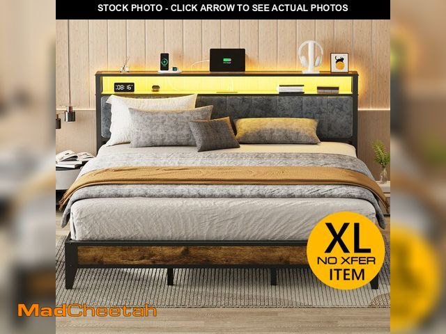 Lot 74-12570635 - OLEVS King Bed Frame with Headboard, Metal Platform Bed King Size with 2-Tier Storage, LED Light &am...