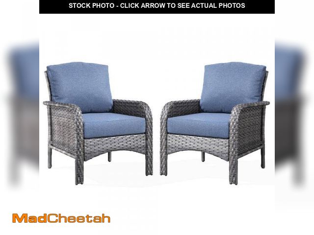 Lot 74-12446255 - Denali Gray 1-Piece 2-Seat Wicker Modern Outdoor Patio Conversation Sofa Seating Set with Denim Blue...