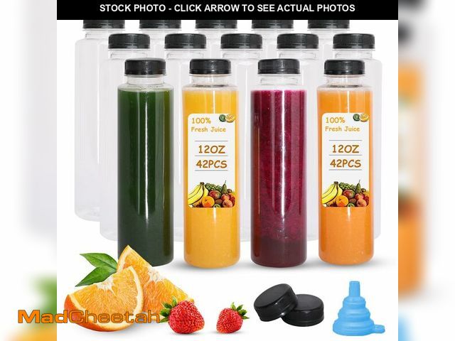 Lot 74-13950595 - Holotap 42 Pcs 12 OZ Juice Bottles with Caps Bulk, Empty Plastic Bottles with Black Tamper Evident L...