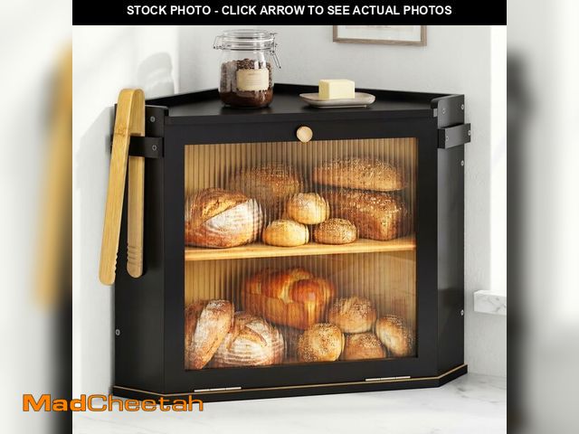 Lot 74-14207578 - Corner Bread Box for Kitchen Countertop, Bamboo Wood Black Breadbox with Large Capacity Double Layer...