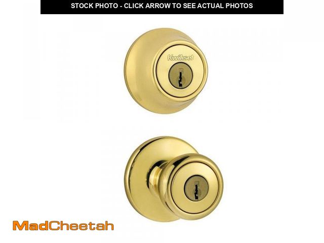 Lot 74-6306747 - Kwikset Tylo Polished Brass Entry Door Knob and Double Cylinder Deadbolt Combo Pack with Microban An...