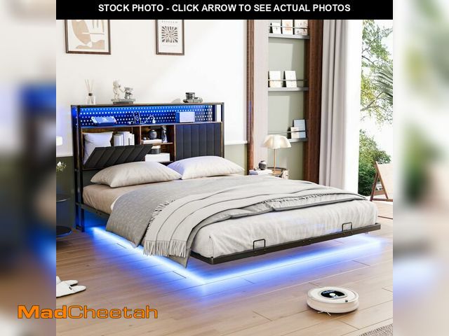 Lot 74-13779953 - VINGLI Queen Size Floating Bed Frame with LED Lights and Charging Station, Cozy Hidden Storage Velve...