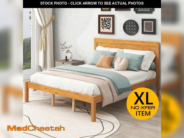 Lot 74-12558705 - Polibi Light Brown Wood Frame Queen Size Platform Bed Frame with Headboard, Wood Slat Support, No Bo...