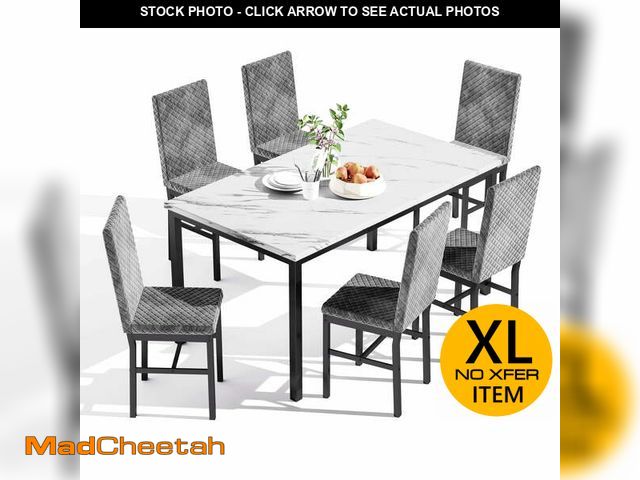 Lot 74-13767094 - AWQM 7 Piece Dining Table Set for 6, Faux Marble Kitchen Table with 6 Velvet Chairs, Modern Dining R...