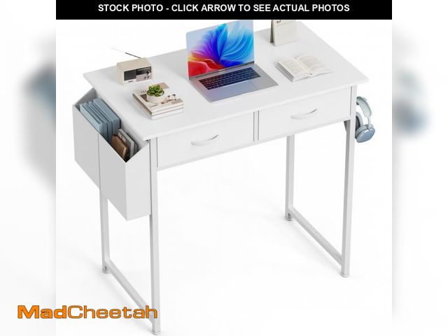 Lot 74-12512791 - edx Small Desk with Fabric Drawers &amp; Storage Bag Iron Hook, Home Office Computer Desk,White Vani...