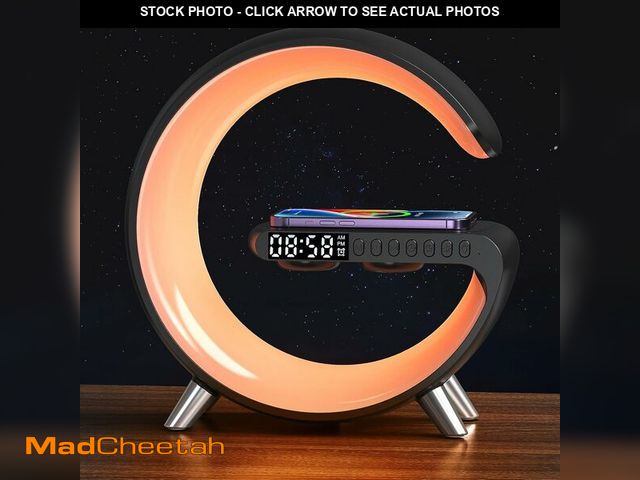 Lot 74-14081711 - Smart LED Table Lamp, 4-in-1 Wireless Charger, Night Light, Alarm Clock, and Bluetooth Speaker with ...