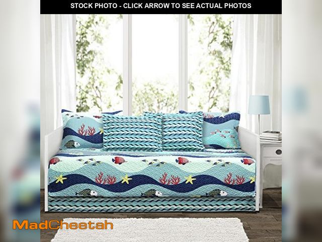 Lot 74-12510333 - Lush Decor Sea Life Stripe 6 Piece Daybed Cover | Ocean Beach Fish Bedding Set Includes Bed Skirt, P...