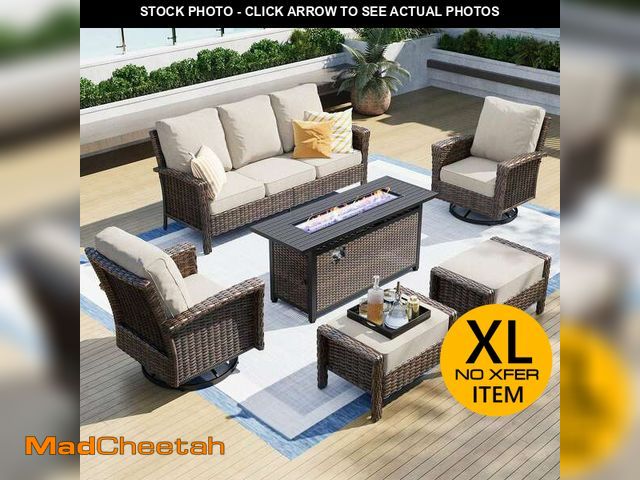 Lot 74-14306685 - (MISSING FIRE PIT) Brown 6-Pieces Metal Patio Rectangle Fire Pit Conversation Set with Swivel Sofa C...