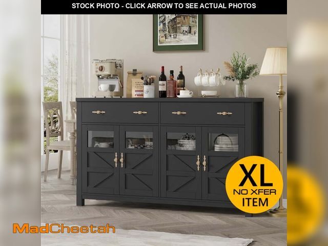 Lot 74-13108773 - Homfa Farmhouse 55.1"W Kitchen Buffet Cabinet with Storage Drawer &amp; Adjustable Shelf, Glass Door...