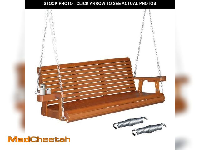 Lot 74-13281799 - VINGLI 5 ft. 3-Person Brown Pine Wood Porch Swing with XL Seat and Back Size and Cup Holders and Pho...