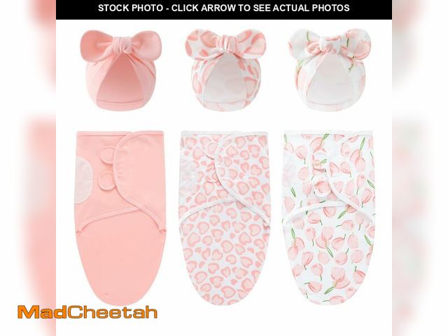 Lot 74-14475450 - Exemaba 3-Pack Baby Swaddles for Newborns with Bow Hat Pink/Heart/Tulips - UNUSED