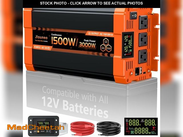 Lot 74-13565049 - 1500 Watt Pure Sine Wave Car Inverter 12V to 110V Converter with Remote Control, 3AC Outlet, 5V/3.1A...