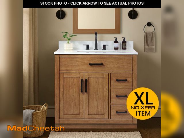 Lot 74-12629264 - XWNE 36-inch Dark Walnut Bathroom Vanity with Sink, Solid Wood, 0.79-inch Stone Countertop and Backs...