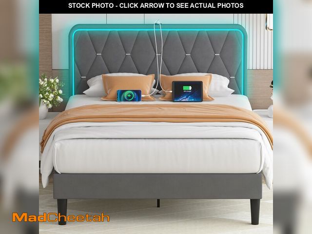 Lot 74-12571785 - VECELO Upholstered Full Bed Frame with Headboard Adjustable, Velvet Platform Bed with LED Lights, Ch...