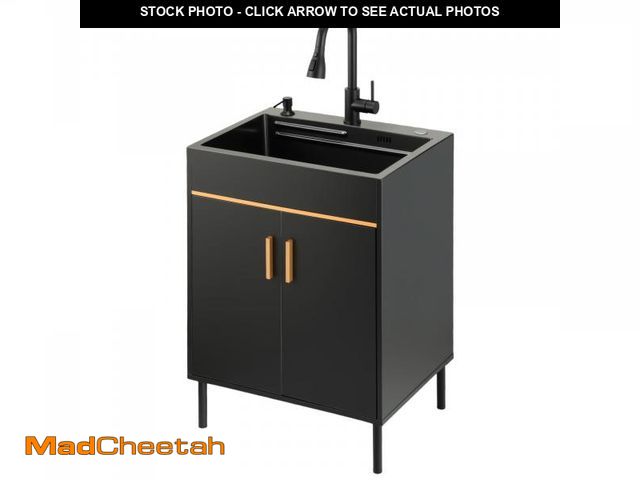 Lot 74-12281223 - Ownsig 23.6Ã¢â¬Â Stainless Steel Laundry Sink with Cabinet and Pull-Out Faucet, Black Freestanding...