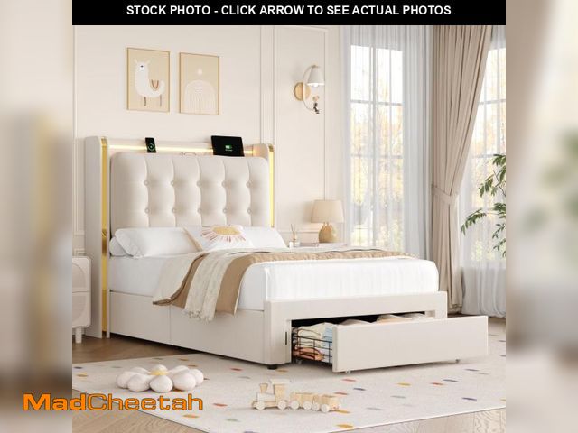 Lot 74-12158984 - Homfa Twin Size Bed Frame with Storage Drawer and Charging Station, LED Bed Frame with Crystal-Butto...