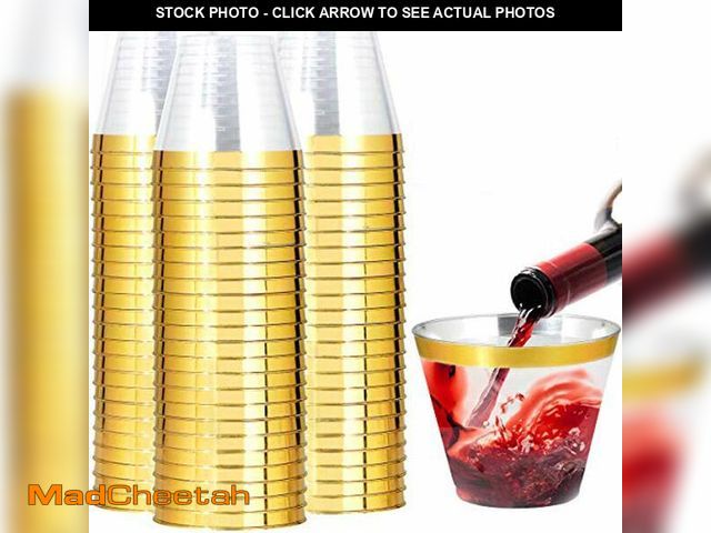 Lot 74-12603878 - I00000 200 Pack Gold Plastic Cups, 9 Oz Elegant Clear Plastic Cups Gold Rimmed Disposable Wine Glass...
