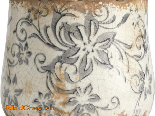 Lot 74-12096367 - Nearly Natural 4.5in. Tuscan Ceramic Gray Scroll Planter, White - UNUSED