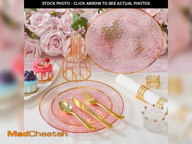 Lot 74-13961785 - ISFANGCO 72Pcs Pink Plastic Plates, Pink Disposable Plates With Gold Rim, Hammered Party Clear Plast...