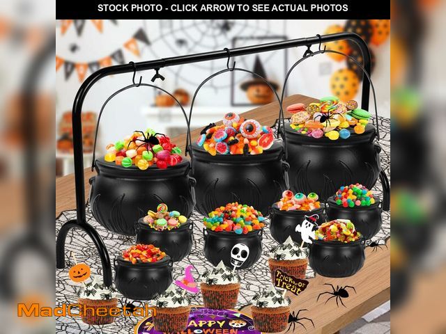 Lot 74-12976310 - Palonu 9 Pcs Witches Cauldrons Serving Bowls on Rack, Black Plastic Witches Cauldron with Halloween ...