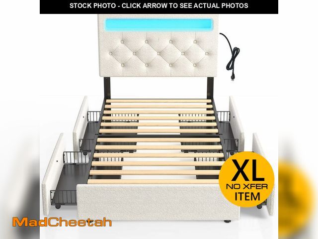 Lot 74-13577953 - Rolanstar Twin Bed Frame with 4 Storage Drawers and Charging Station,Twin Bed with Led Lights, 2 USB...