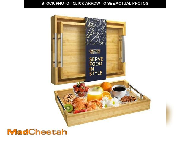 Lot 74-14146106 - Comfify Decorative Bamboo Serving Trays with Silver Stainless Steel Handles Ã¢â¬â 2-Piece Set for...